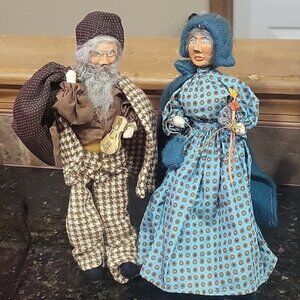 Vintage Nut Faced Dolls HANDMADE  Primitive Dolls Figures - Lot Of 2 - 13”